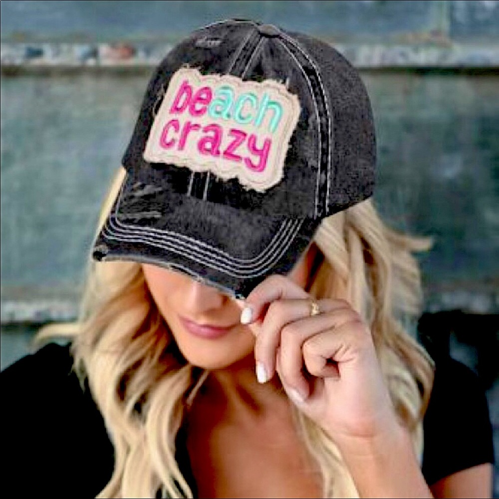 Brand New Beach Crazy Distressed Embroidered Hat